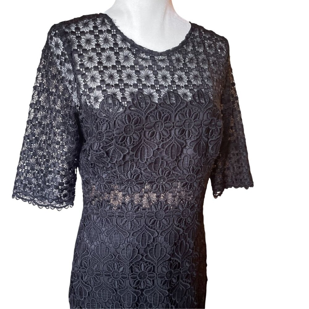 Anthropologie ML Monique Lhuillier Black Floral Lace Sheath Dress Sz 10 - Picture 7 of 16